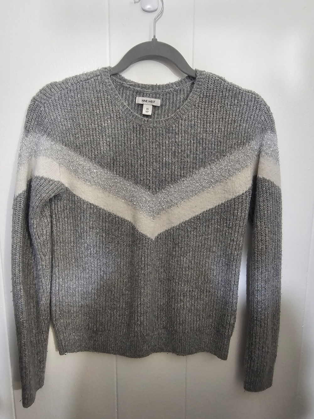 Nine West Gray Crewneck Sweater with White Chevron and Metallic Trim